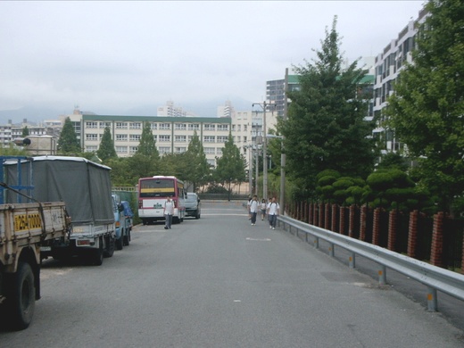 아파트 단지와 초등학교 사이 도로에 설치된 가드레일(좌측에도 가드레일이 설치되어 있다. 버스가 주차 중인 지점부터 아래 도로까지 